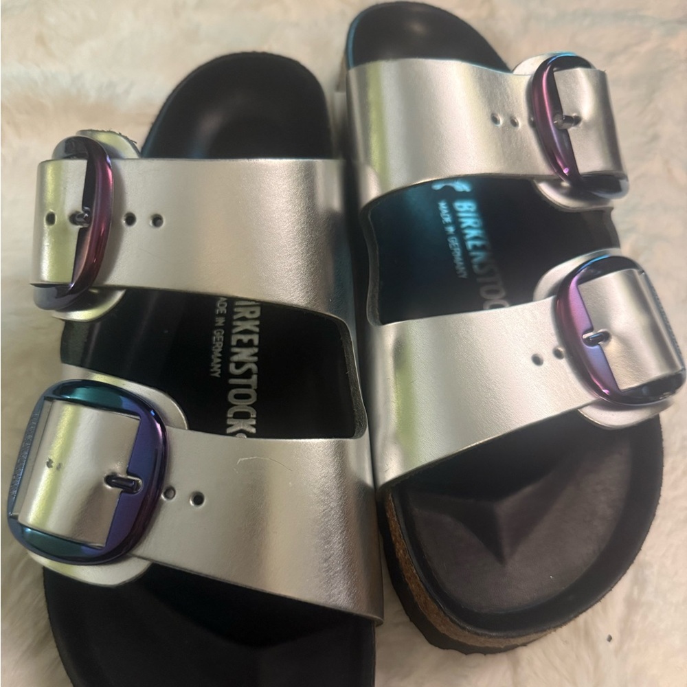 Birkenstock Silver Sandals with Iridescent Buckles